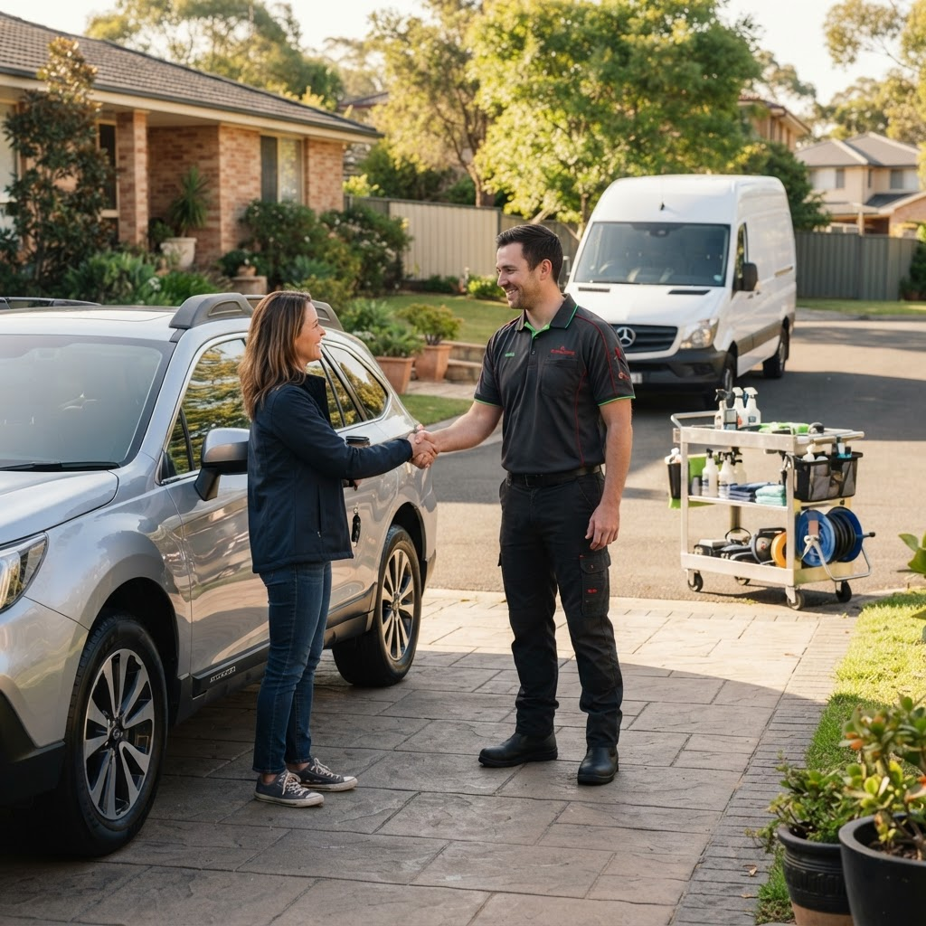 Mobile detailer welcoming a customer for an appointment