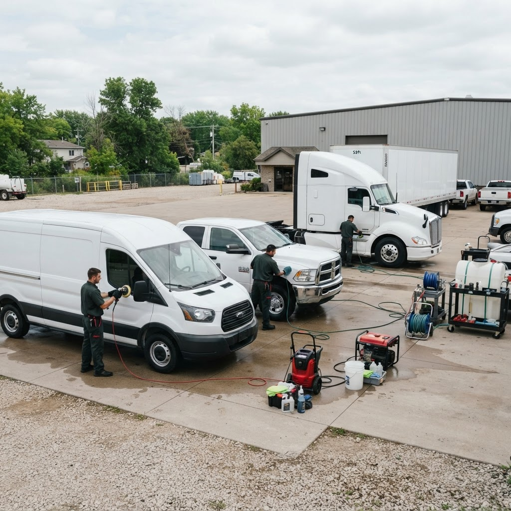 Commercial work van, pickup and semi fleet being detailed