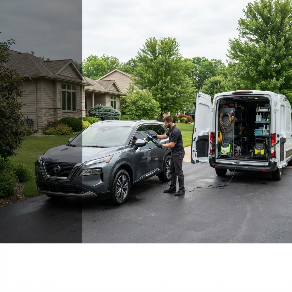 Professional mobile detailer working on a family SUV in a Wisconsin driveway