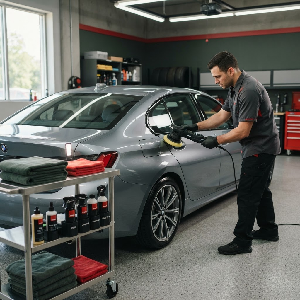 Professional detailer polishing a modern sedan